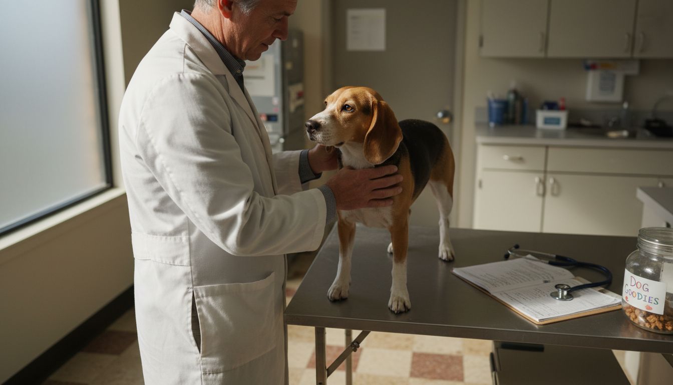 Veterinarian checks beagle’s weight health