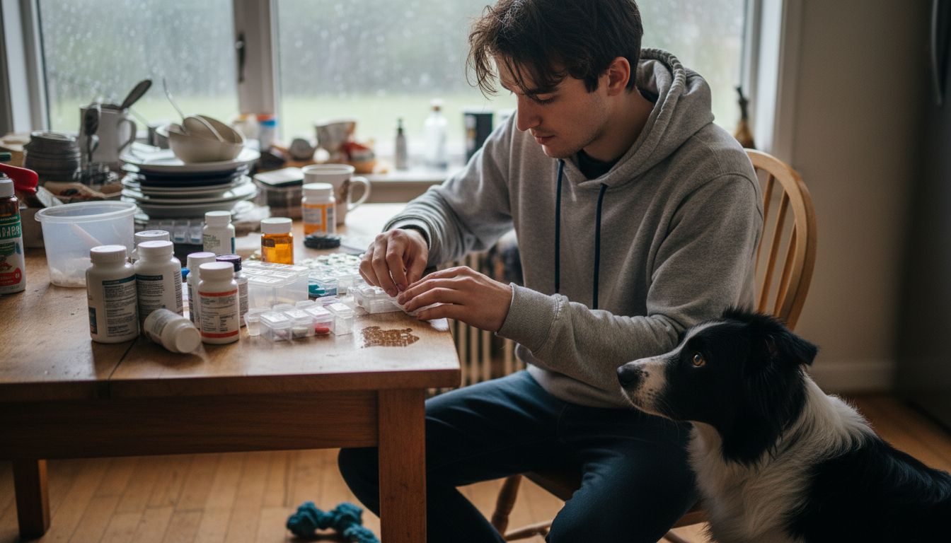 Sorting dog supplements in real home kitchen