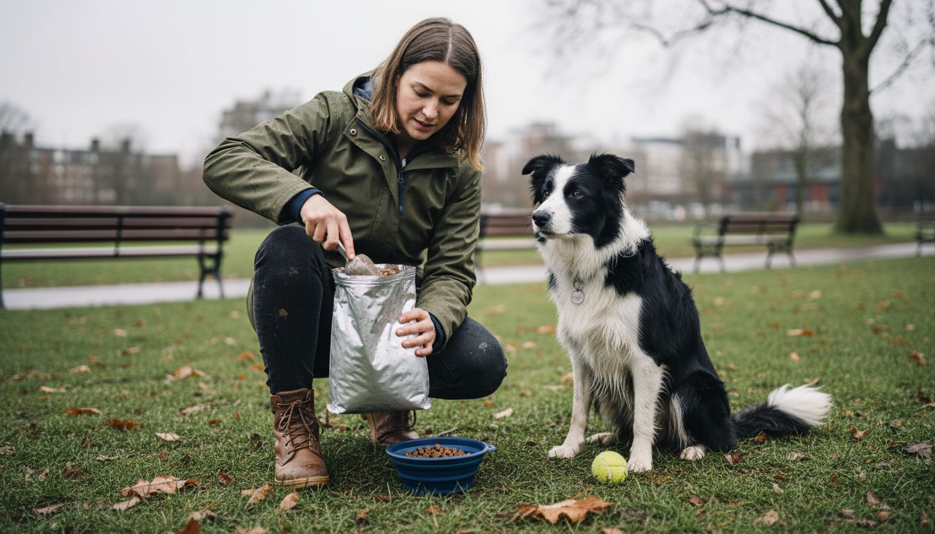Active owner feeds dog outdoors in park
