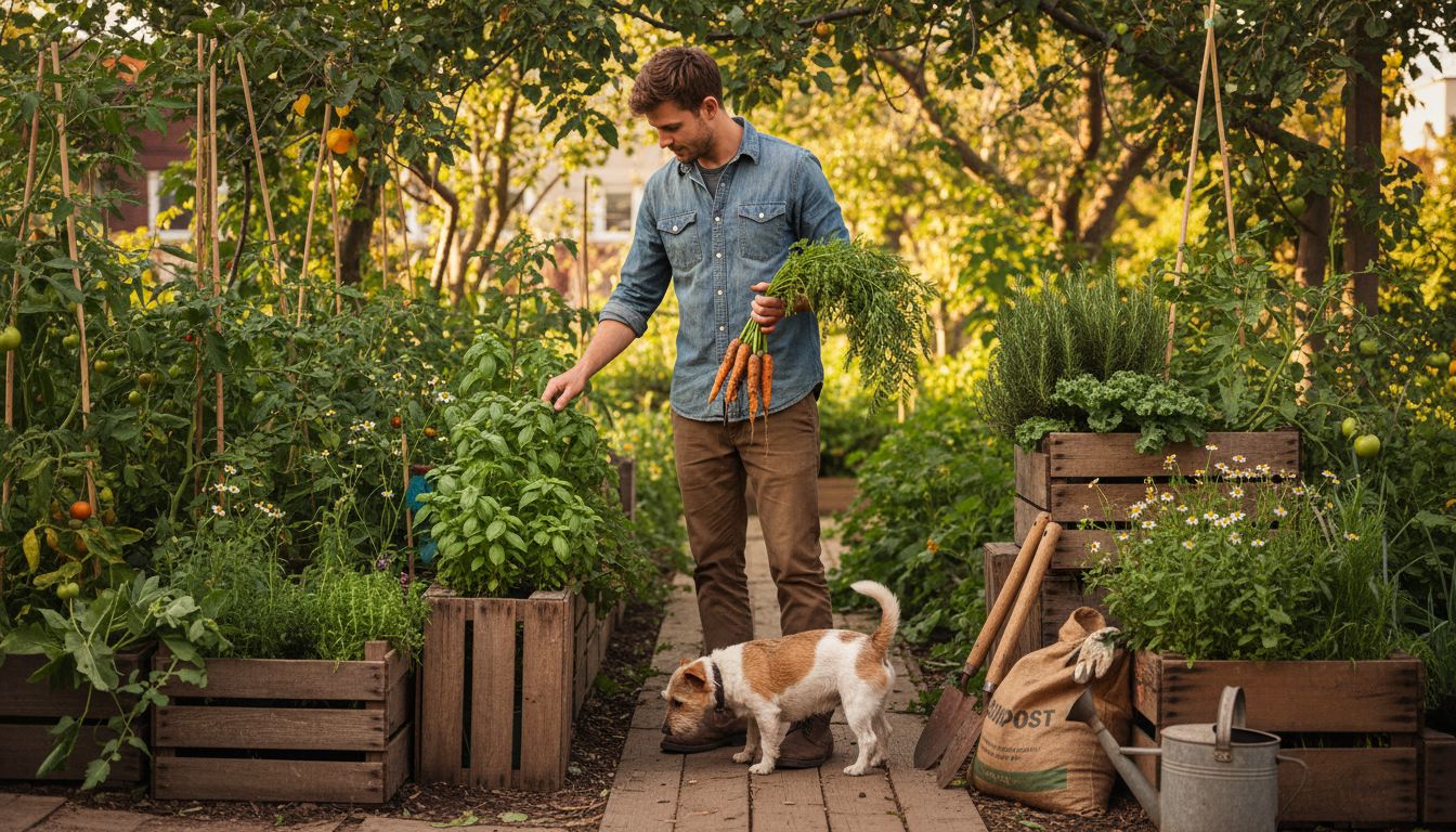 Man with dog in eco-friendly garden