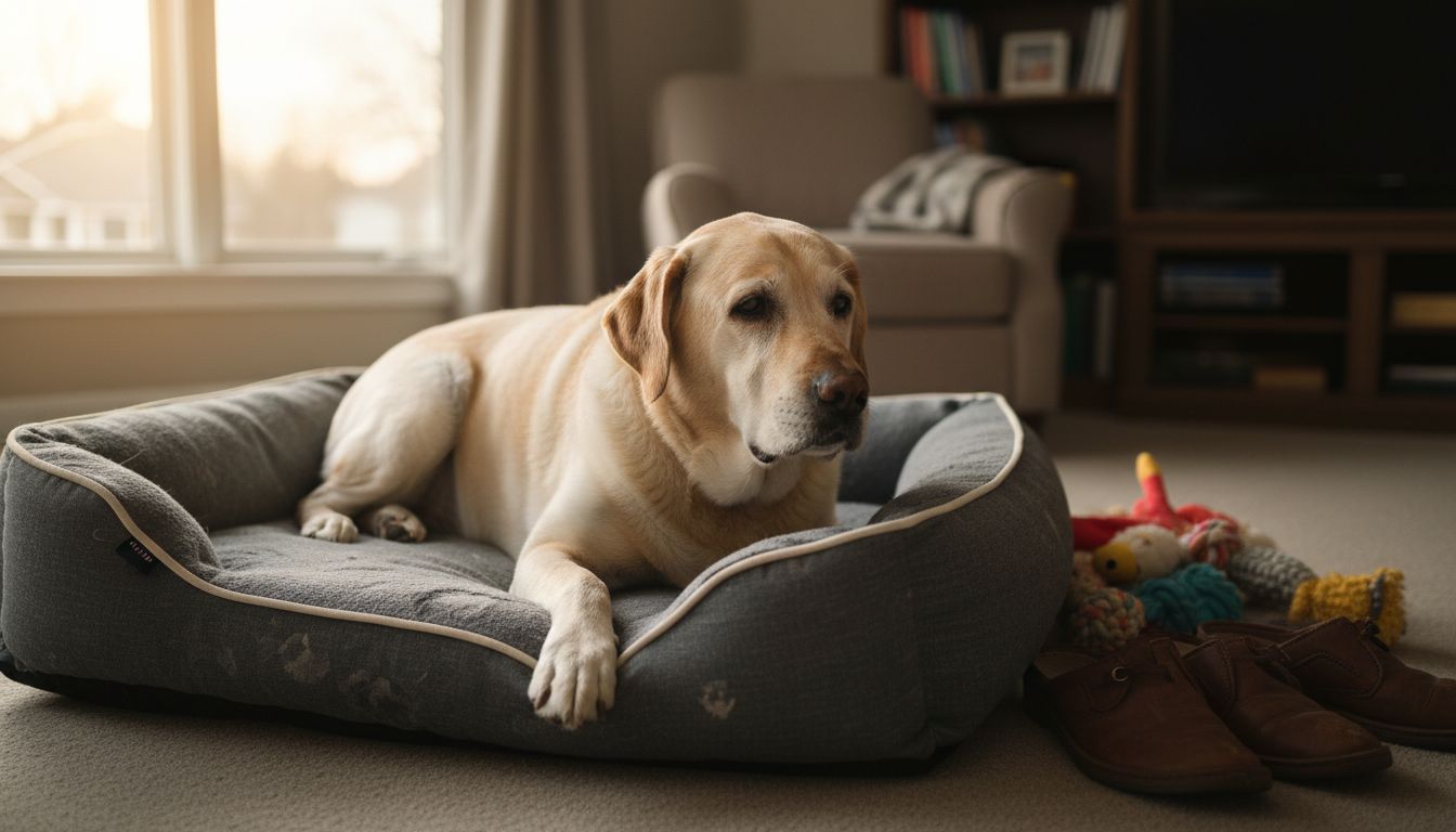 Senior Labrador using orthopedic dog bed