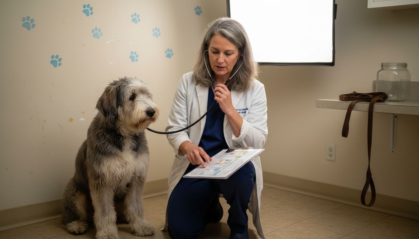 Veterinarian explaining nutrition to dog owner
