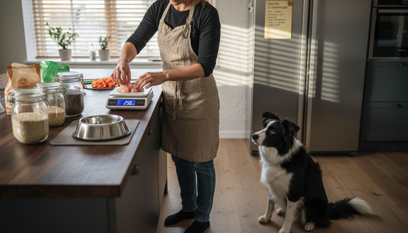Kvinde i gang med at tilberede hjemmelavet hundemad af friske råvarer