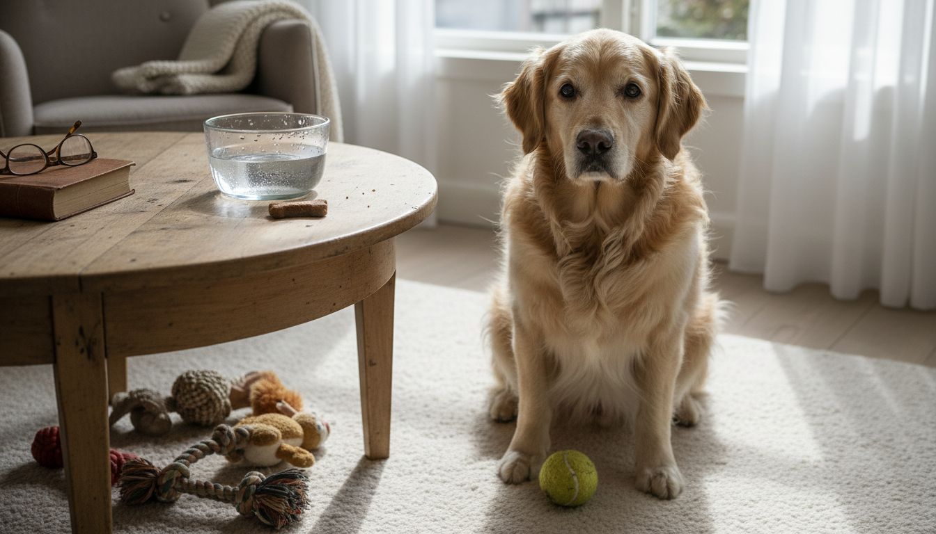 Hjemme sitter en gammel hund og venter tålmodig på mat.