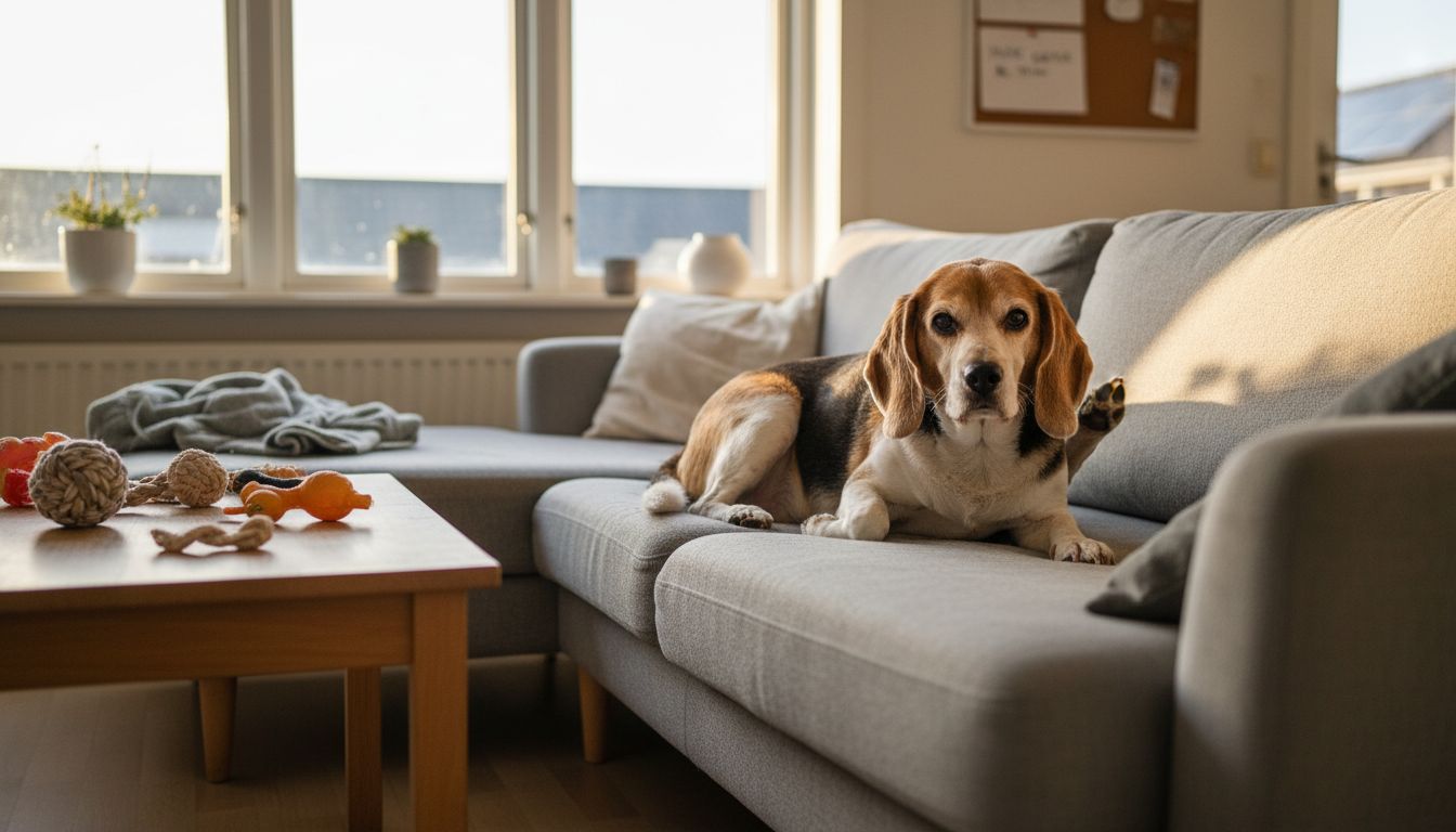 Hunden ligger og klør sig på sofaen inde i stuen.