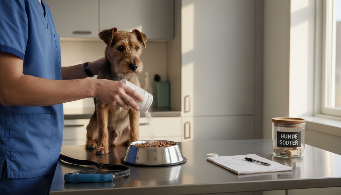 Veterinæren blander tilskudd i matskålen til terrieren.