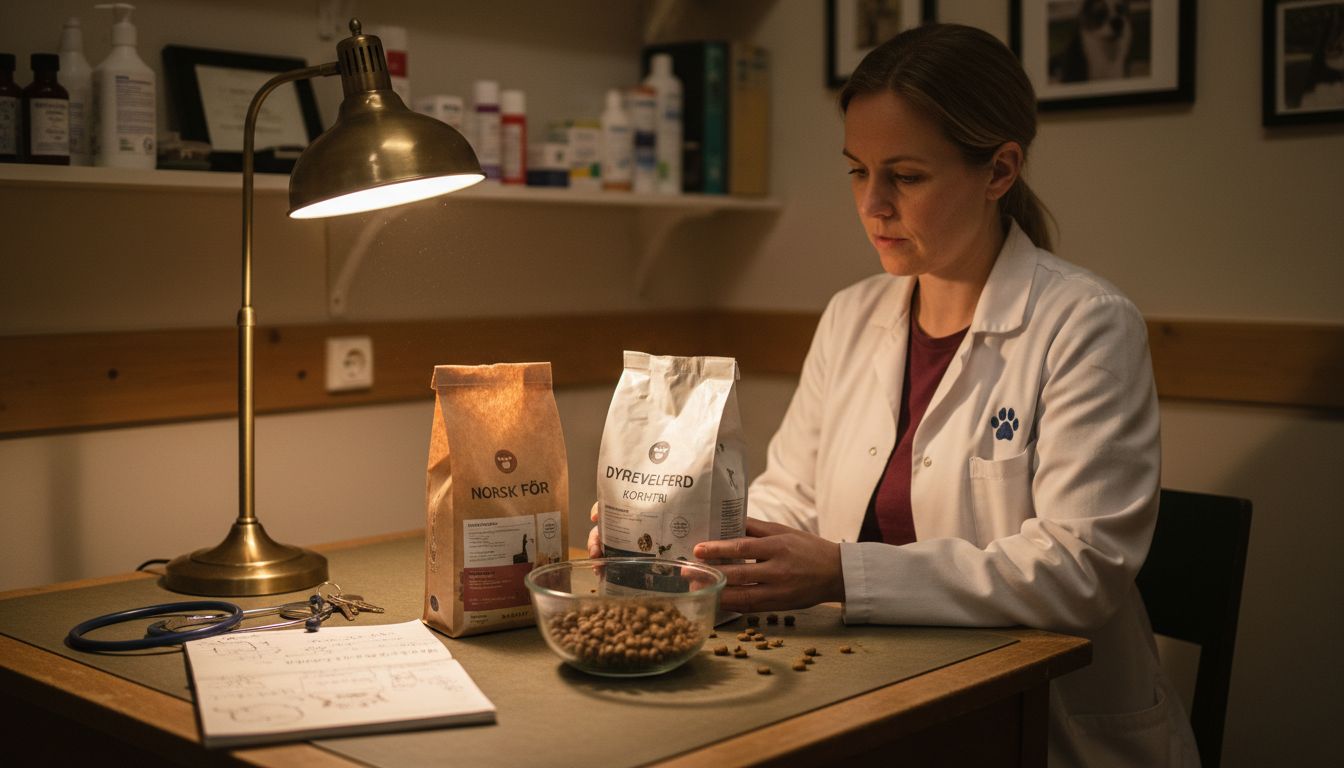 En veterinær sitter ved pulten sin og går nøye gjennom ingrediensene i hundemat for å sikre at innholdet holder høy kvalitet.