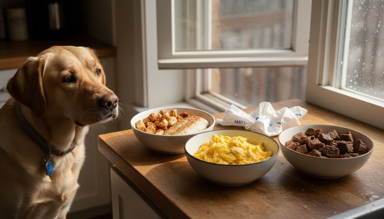 Hund som får servert ulike typer proteinrik mat i separate skåler