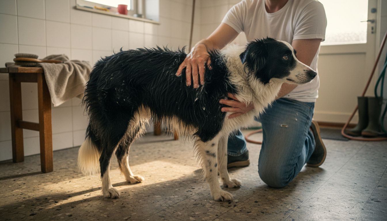 En mand vasker sin hund og arbejder shampooen godt ind i pelsen.