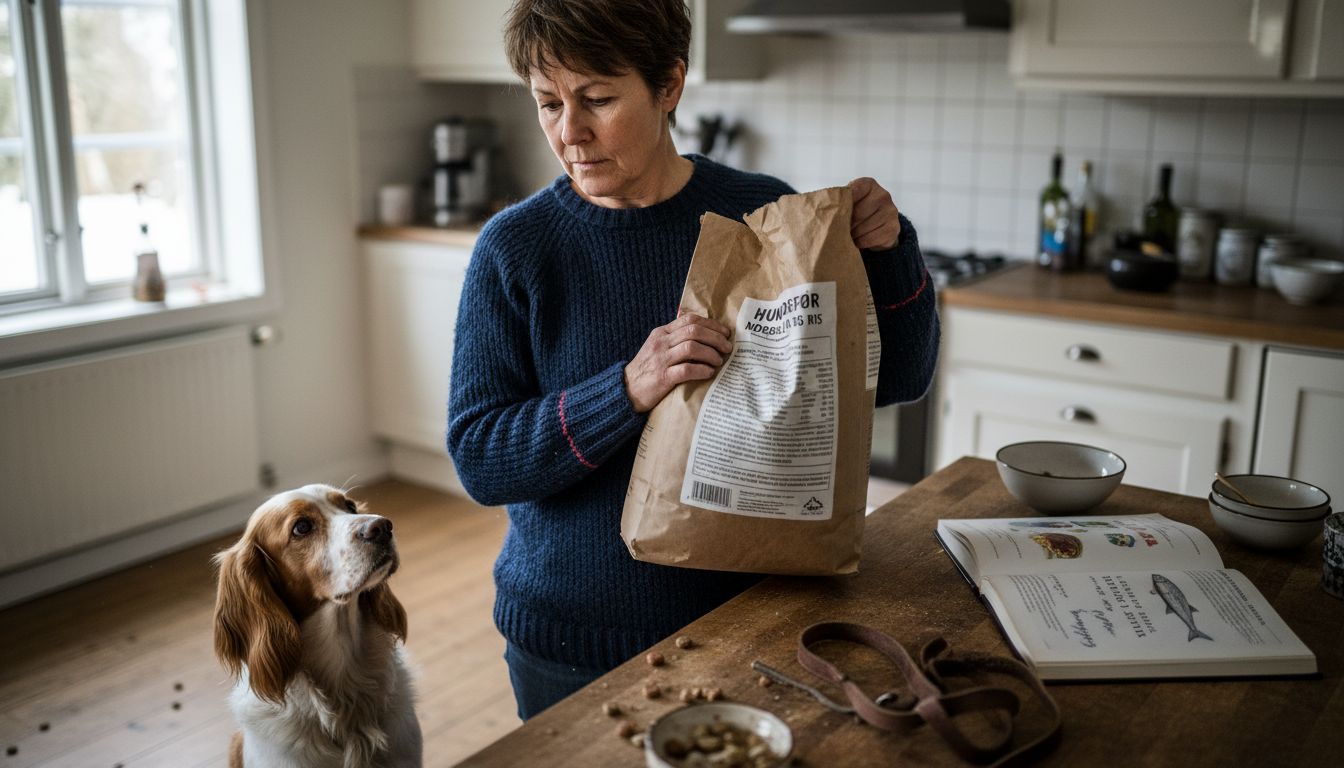 Eier sjekker ingrediensene mens hunden følger nøye med.