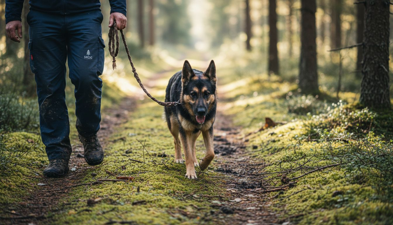 Går tur med en haltende hund på skogsstien