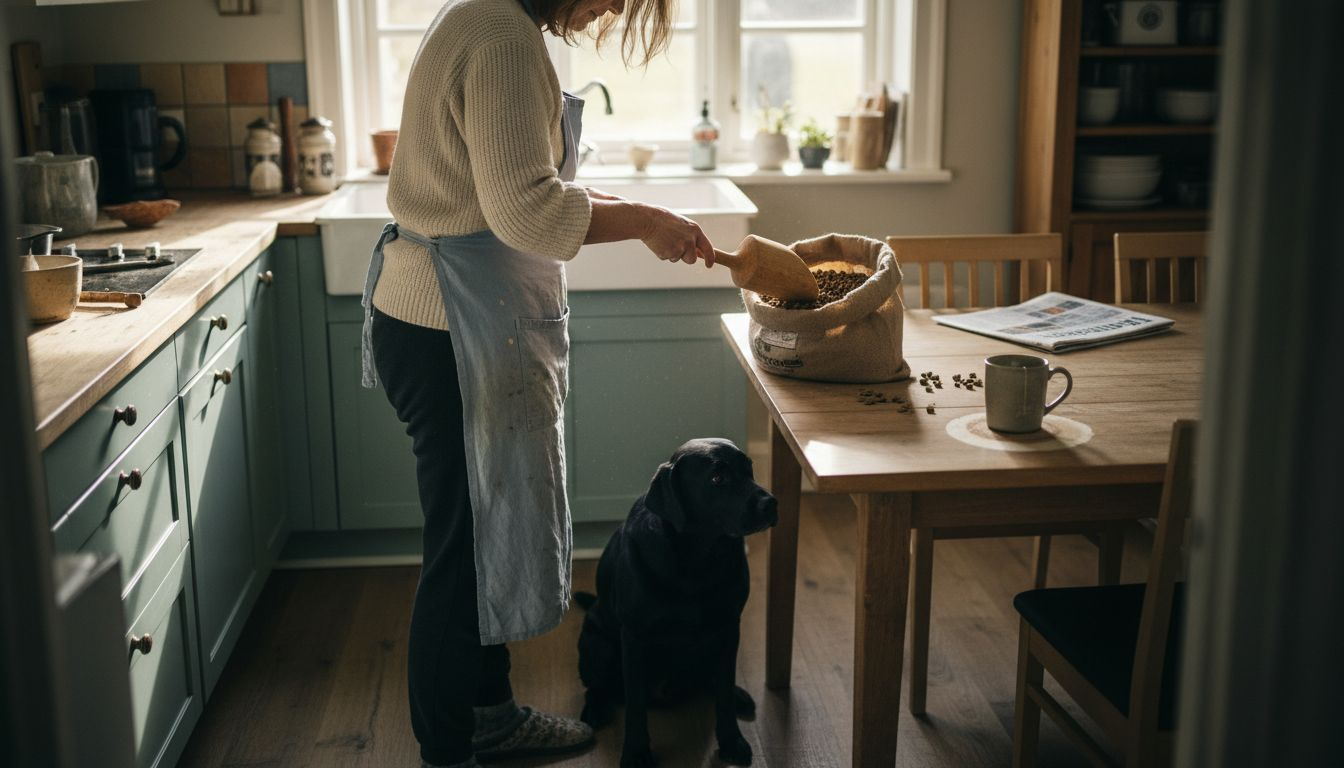 En kvinde står i sit hyggelige køkken og øser noget særligt foder op til sin hund.