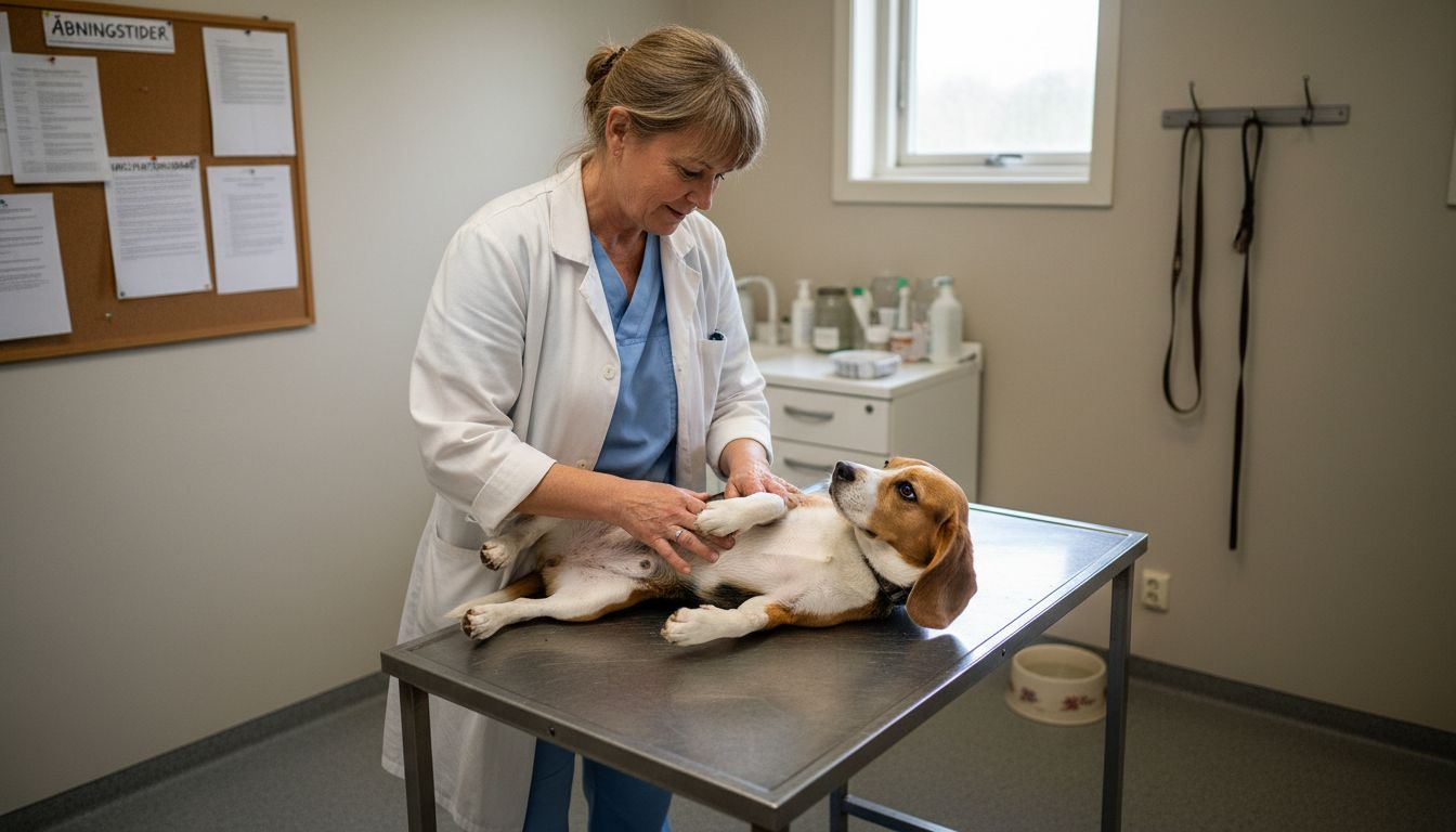 Dyrlægen undersøger hundens mave som en del af det rutinemæssige sundhedstjek.