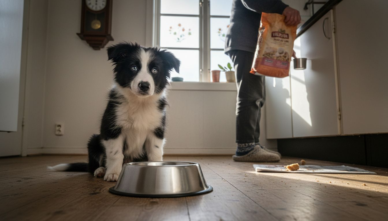 Valpen sitter spent og venter på frokosten sin som snart skal serveres til fast tid.