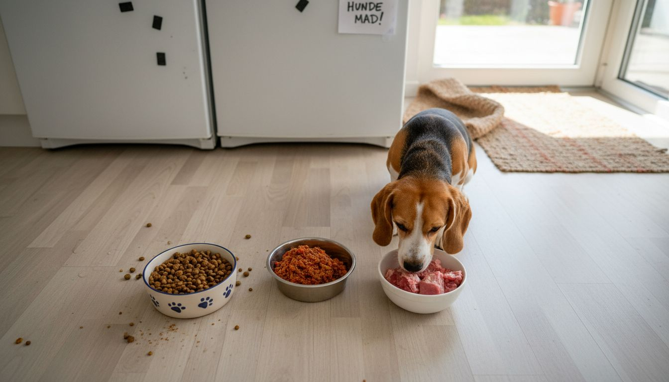 Forskellige slags hundemad spredt ud på køkkengulvet