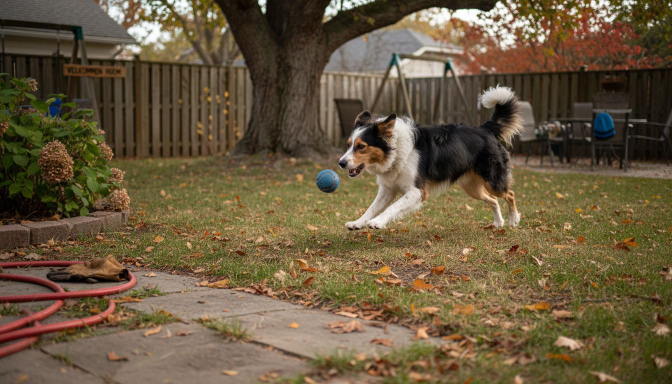 En hund som koser seg med å leke med en ball ute i hagen.