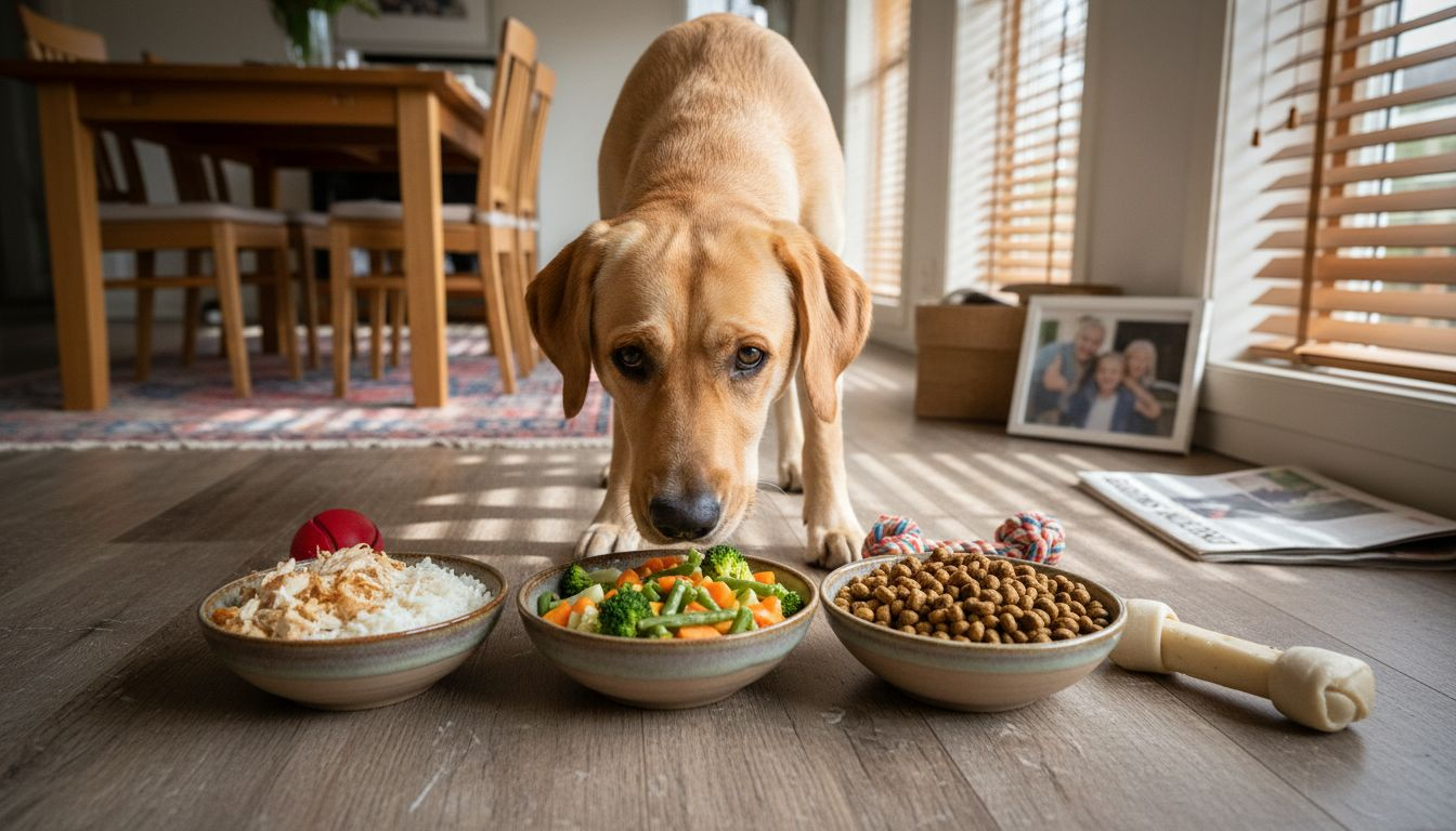 Hund, der står og overvejer, hvilken sund madskål den skal vælge