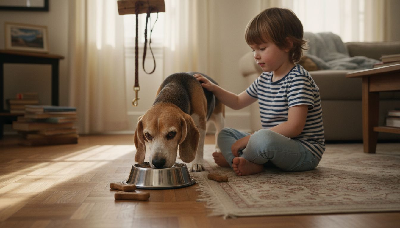 En beagle nyder sin mad, mens et barn sidder tæt ved siden af.