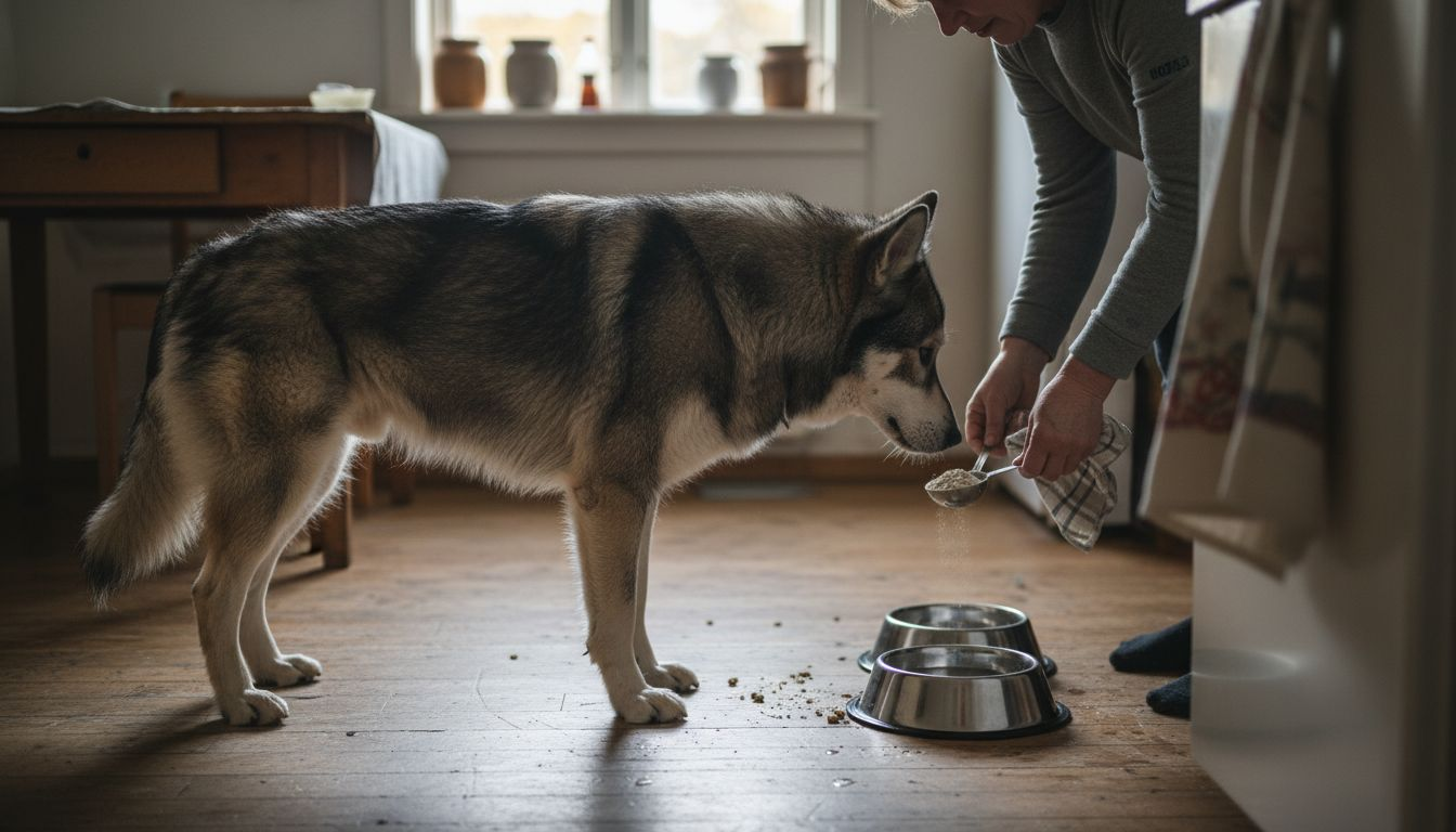 Hunden får probiotika blandet inn i maten.
