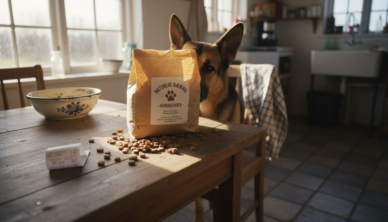 Nysgerrig hund snuser til lækkert foder på spisebordet