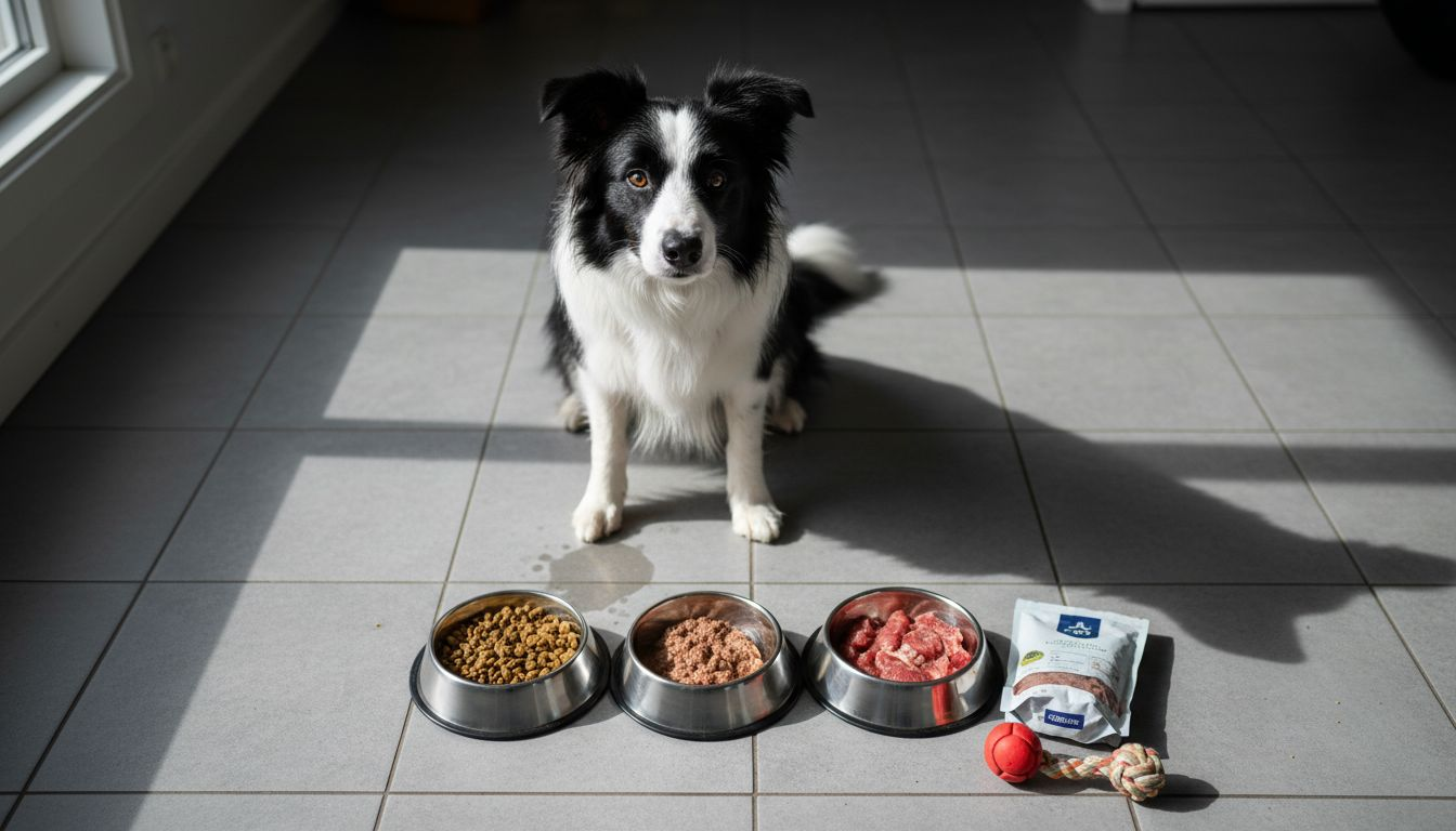 En nysgjerrig hund snuser rundt ved tre forskjellige matskåler og undersøker hva som finnes i dem.