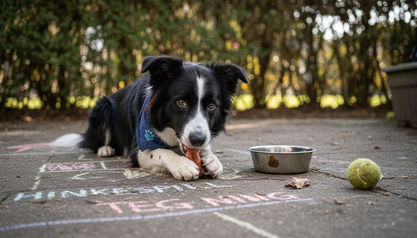 En fornøyd hund med blank og fin pels koser seg med et bein.