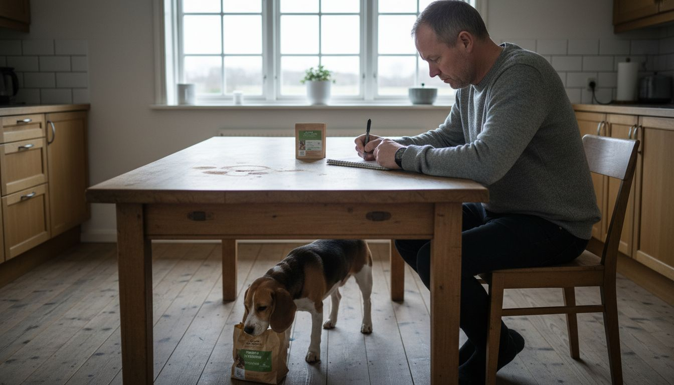 Mand tager noter om sin hunds allergiske reaktioner