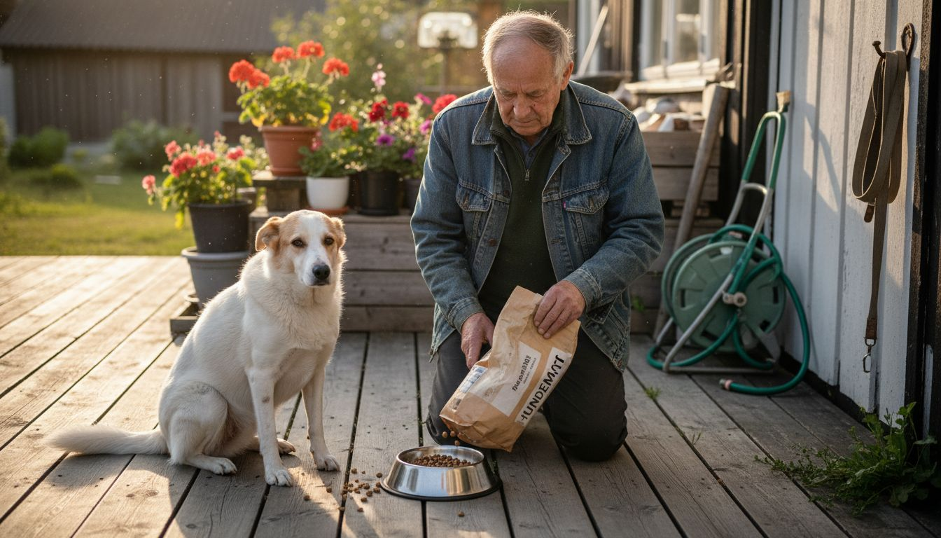 Hunden får alltid maten sin ute på verandaen – det har liksom blitt en fast rutine.