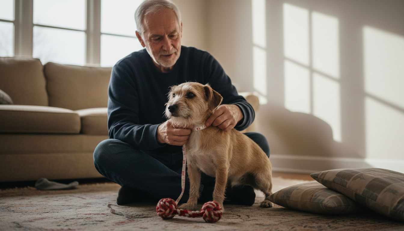 En mand måler sin hund om halsen