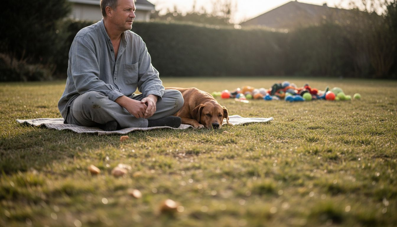 En mand og hans hund sidder tålmodigt i haven og venter under træningen.