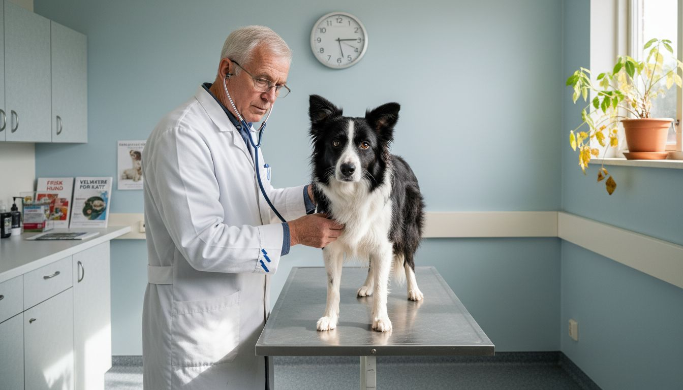 Veterinæren tar en grundig sjekk av hunden for å sikre at alt står bra til med helsa.