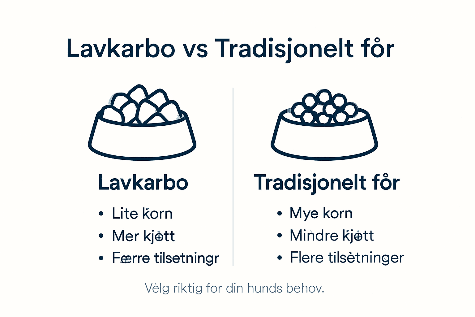 Infografikken viser forskjeller mellom lavkarbo hundemat og tradisjonelt fôr