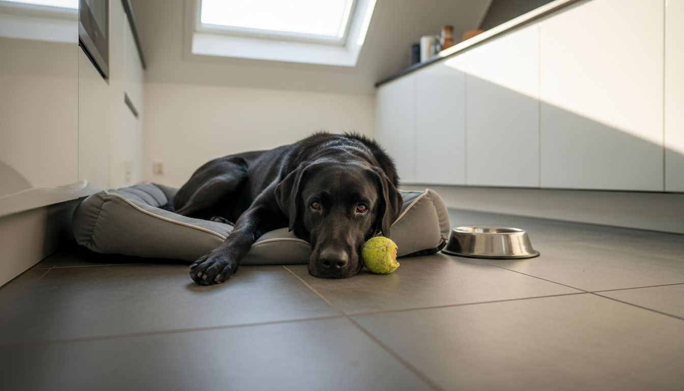 En labrador ligger og slapper af på en ergonomisk hundeseng.