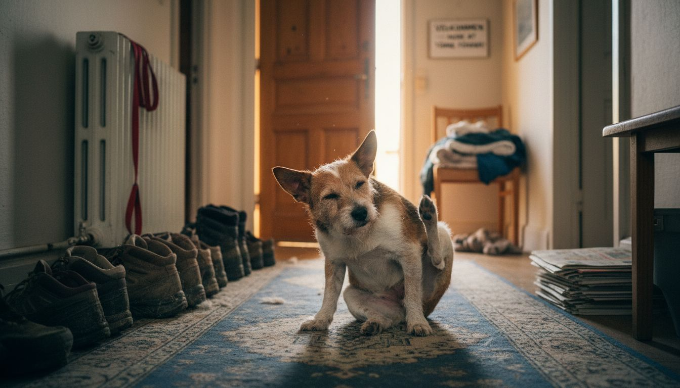 En lille terrier klør sig ivrigt på det røde øre midt i den travle gang.