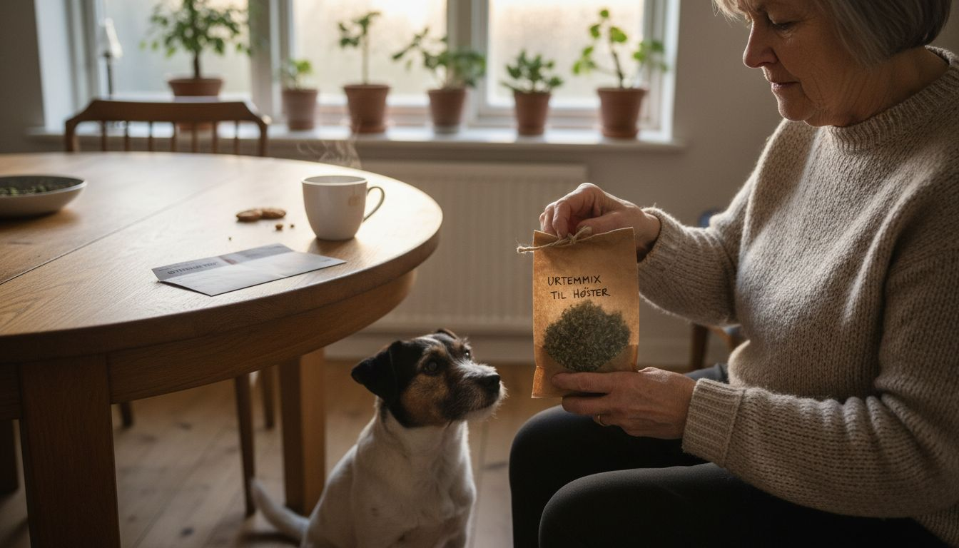 Kvinde åbner pose med urter til sin nysgerrige terrier