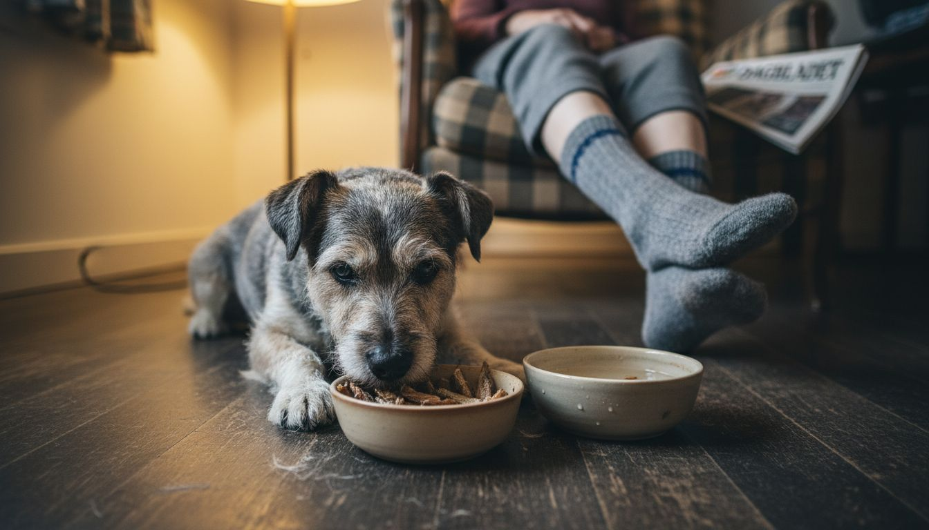 Terrier som koser seg med et allergivennlig fiskemåltid