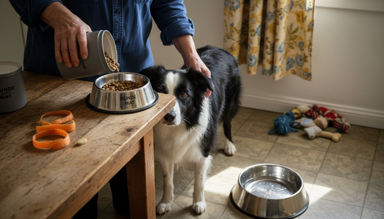 Hundeeieren lager spesialmat til hunden på kjøkkenet.