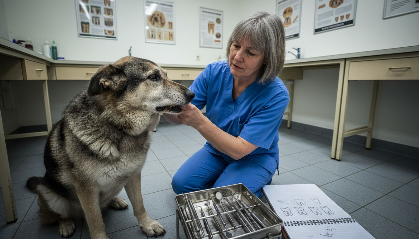 Dyrlægen tjekker tandkødet på en gammel hund