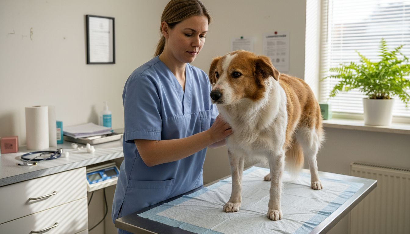 Veterinæren kjenner på magen til hunden under helsesjekken.