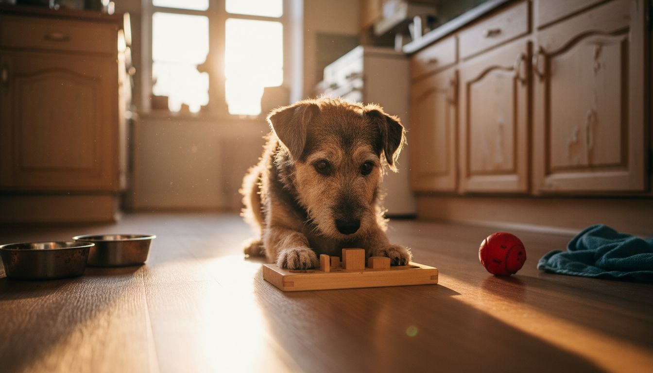 Terrieren snuser rundt i sit aktivitetslegetøj på jagt efter en lækker godbid.