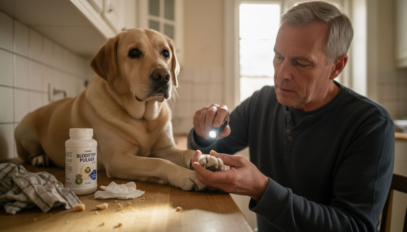 En mand tjekker sin hunds negl med en lommelygte for at se, om den skal klippes.