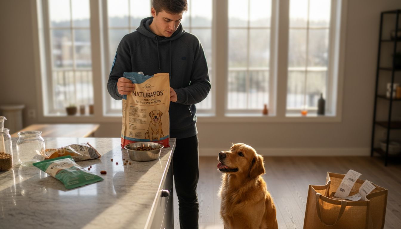 En hundeeier står ved kjøkkenbenken og sjekker emballasjen nøye.