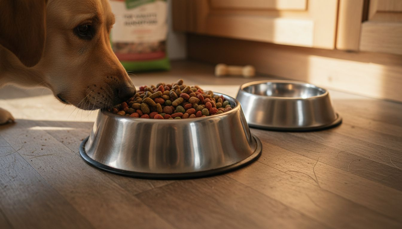 En labrador snuser nysgerrigt til sin fyldte madskål – set helt tæt på.