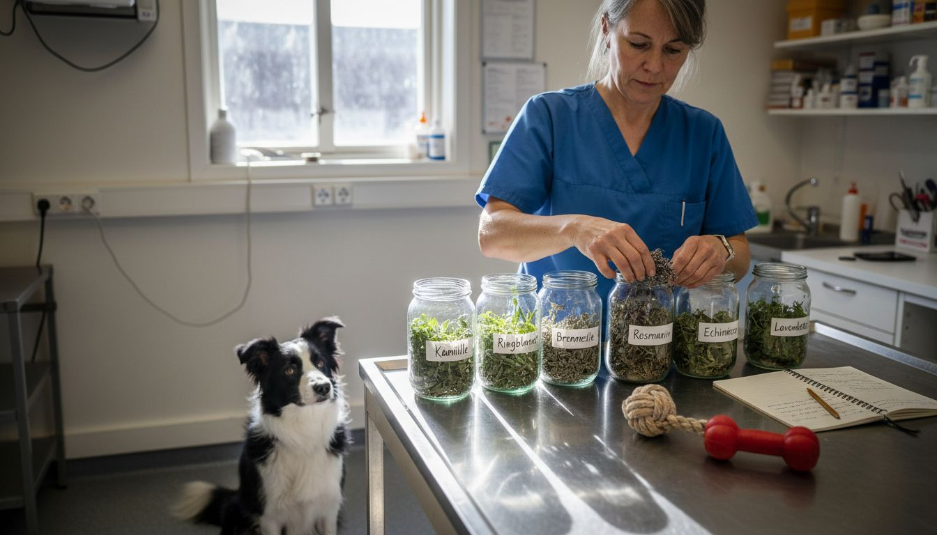 Veterinæren gjør klar urter til hunden