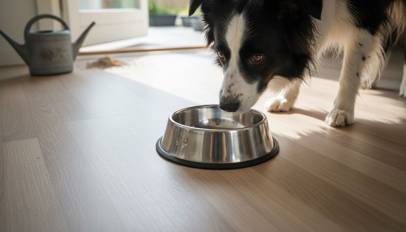 En nysgerrig hund snuser til sin nye skridsikre madskål i rustfrit stål.