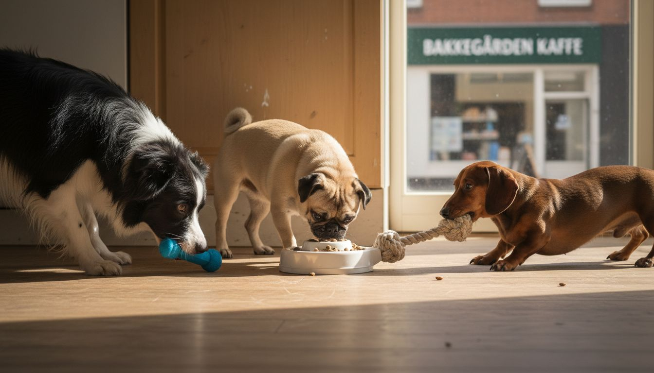 Hunde, der leger med tyggelegetøj, aktivitetslegetøj og træk-legetøj
