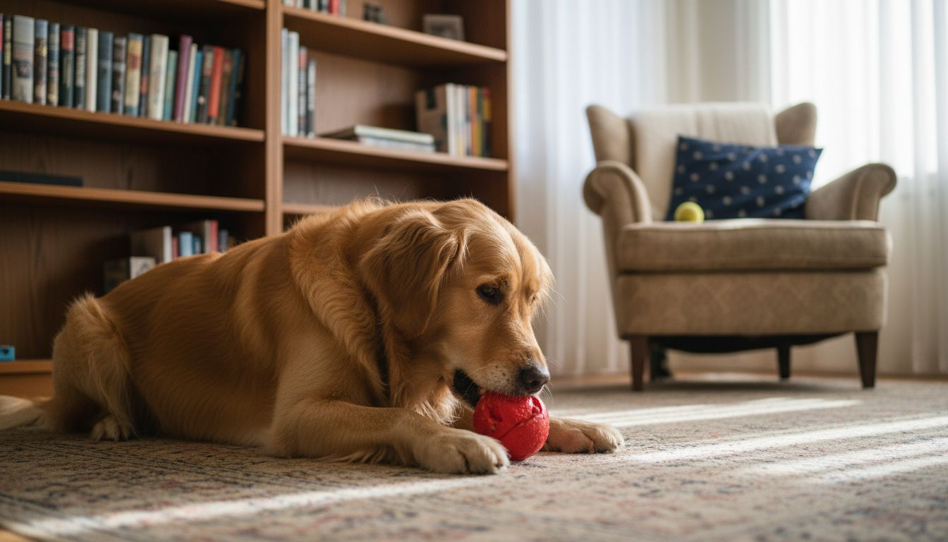 En livlig golden retriever med blank pels leker inne i stua.