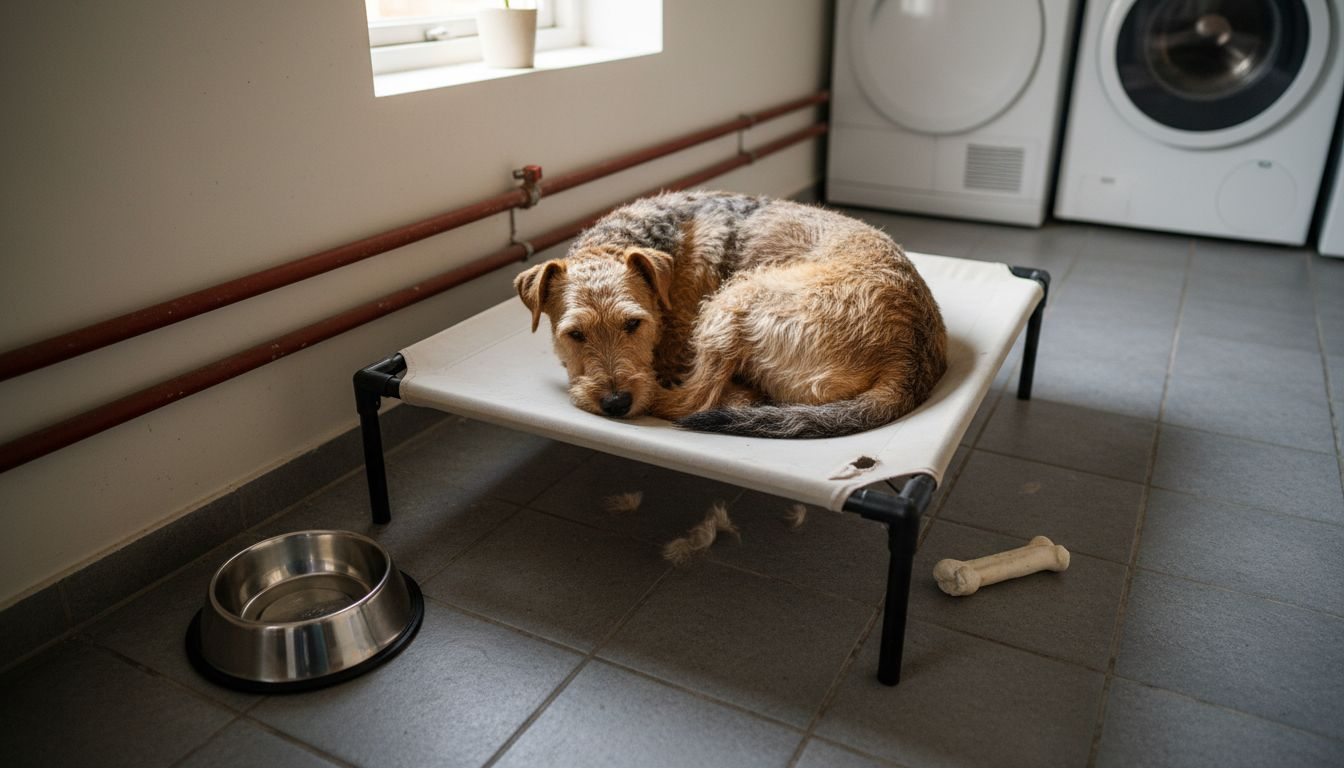 En terrier ligger og slapper af på en hævet hundeseng.