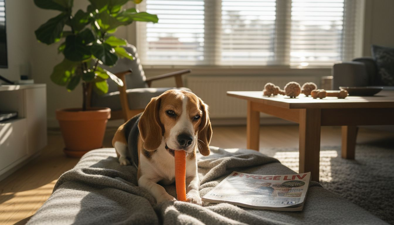 En hund ligger og slapper af, mens den hygger sig med en fiberrig snack.