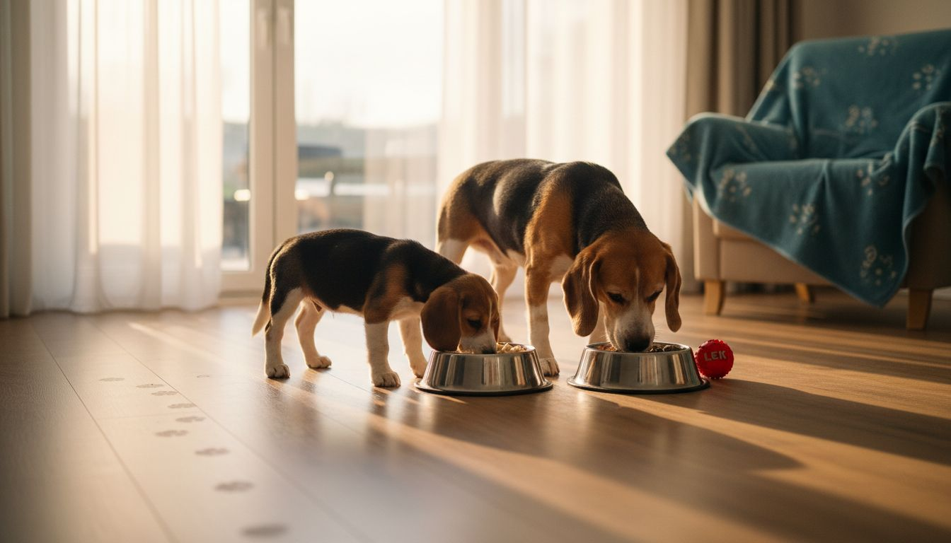 En beaglevalp og en voksen beagle spiser sammen ved matskålene sine.